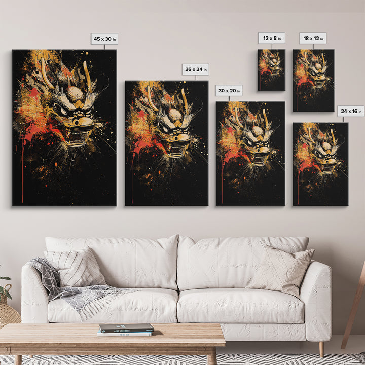 Native Headdress Mask Gold Canvas Art, Tribal Inspired Splatter Face Print, Bold Ethnic Wall Decor, Real Wood Frame