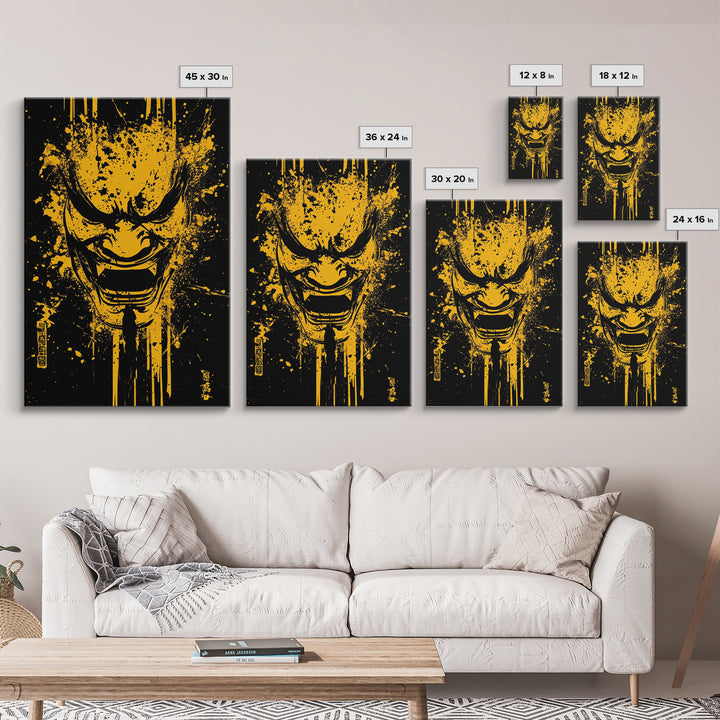 Mythic Dragon Mask Gold Canvas Print, Asian Inspired Splatter Style Art, Fierce Wall Decoration, Real Wood Frame