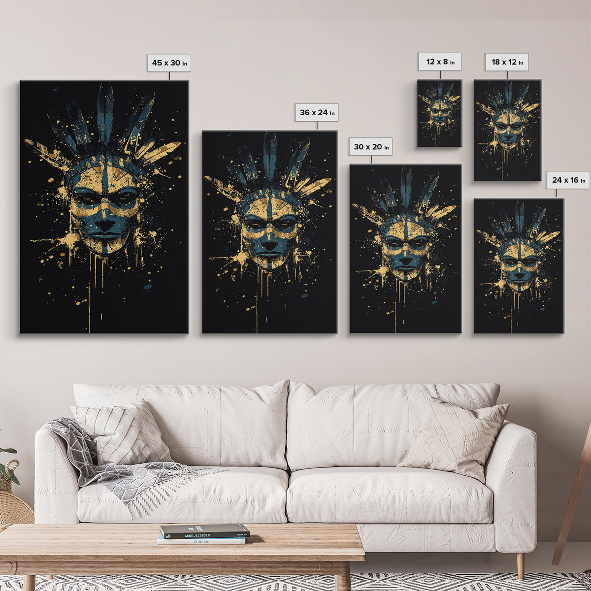 Tribal Feather Mask Gold Canvas Print, Abstract Splatter Mask Wall Art, Real Wood Frame, Modern Ethnic Home Decor