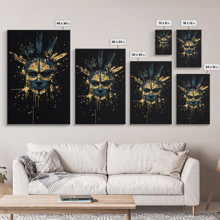 Tribal Feather Mask Gold Canvas Print, Abstract Splatter Mask Wall Art, Real Wood Frame, Modern Ethnic Home Decor