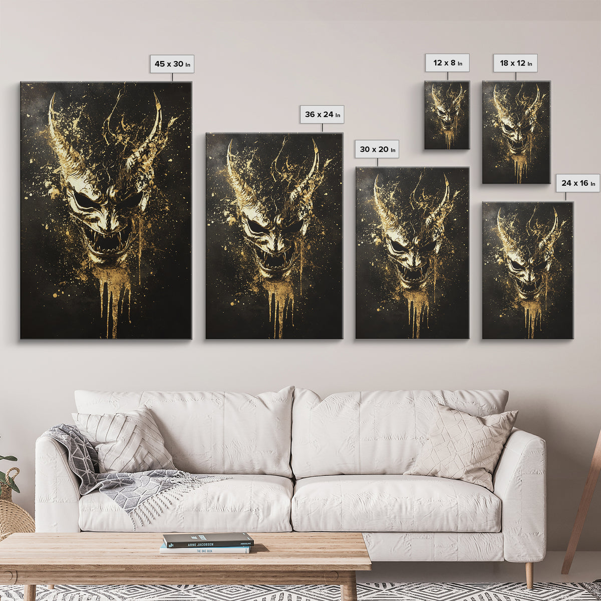 Oni Demon Mask Gold Canvas Print, Japanese Mythology Wall Art, Real Wood Frame, Bold Samurai Mask Artwork
