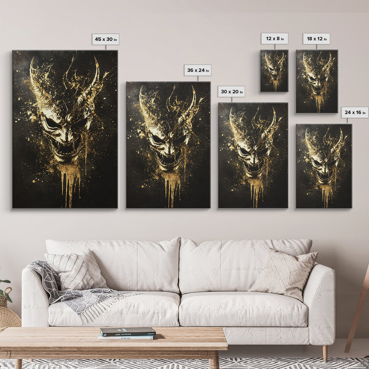 Oni Demon Mask Gold Canvas Print, Japanese Mythology Wall Art, Real Wood Frame, Bold Samurai Mask Artwork