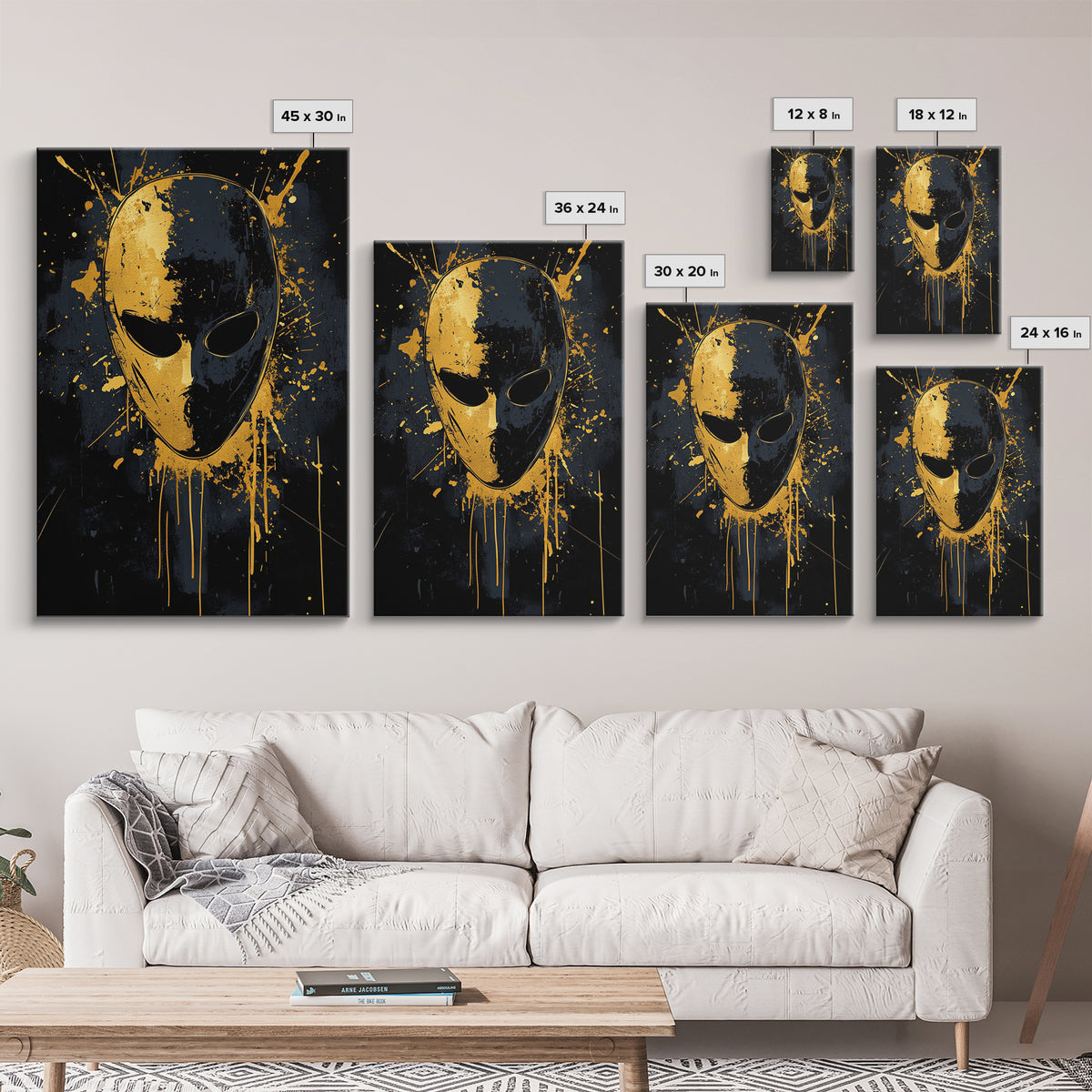 Minimalist Mask Gold Canvas Print, Abstract Splatter Face Wall Art, Real Wood Frame, Contemporary Mask Decor