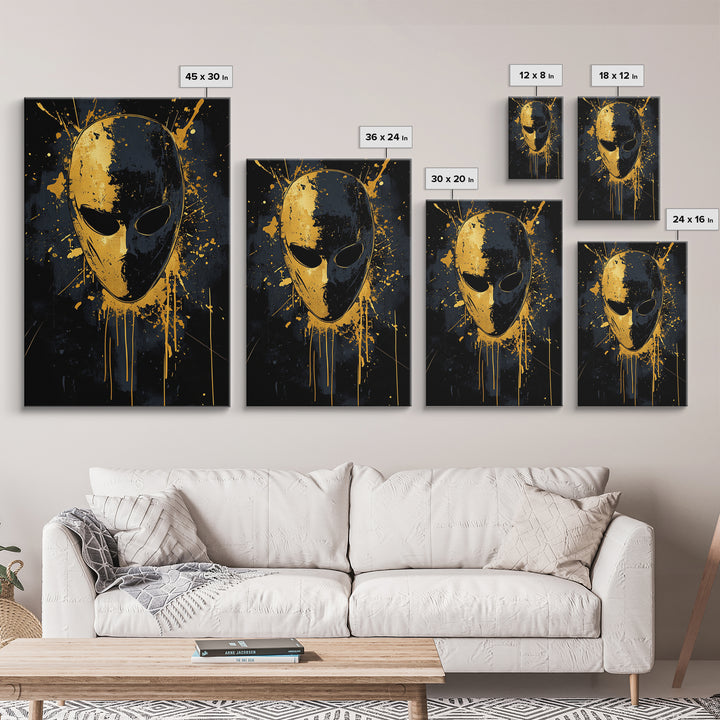 Minimalist Mask Gold Canvas Print, Abstract Splatter Face Wall Art, Real Wood Frame, Contemporary Mask Decor