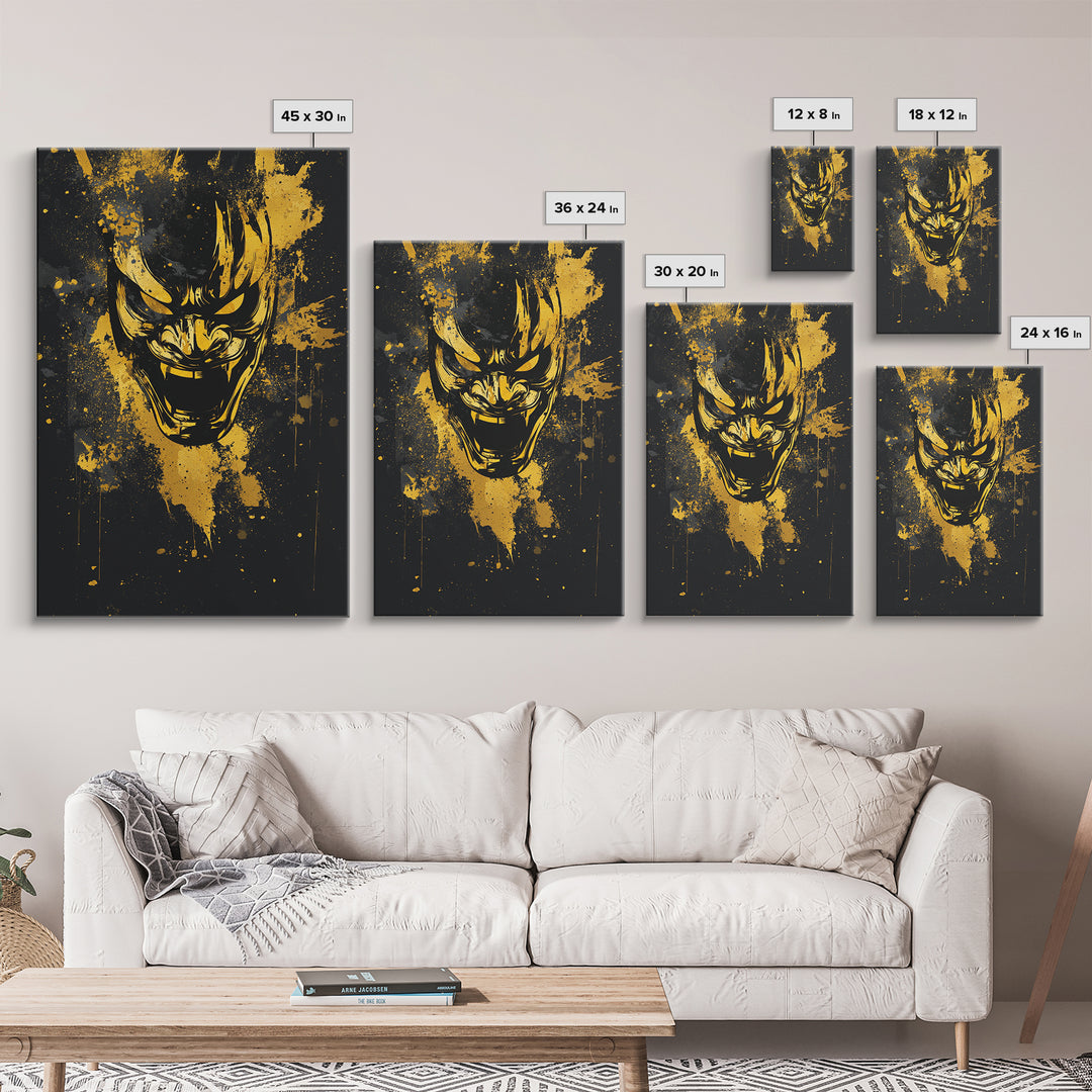 Samurai Mask Gold Canvas Print, Japanese Warrior Wall Art, Real Wood Frame, Bold Splatter Mask Artwork For Home