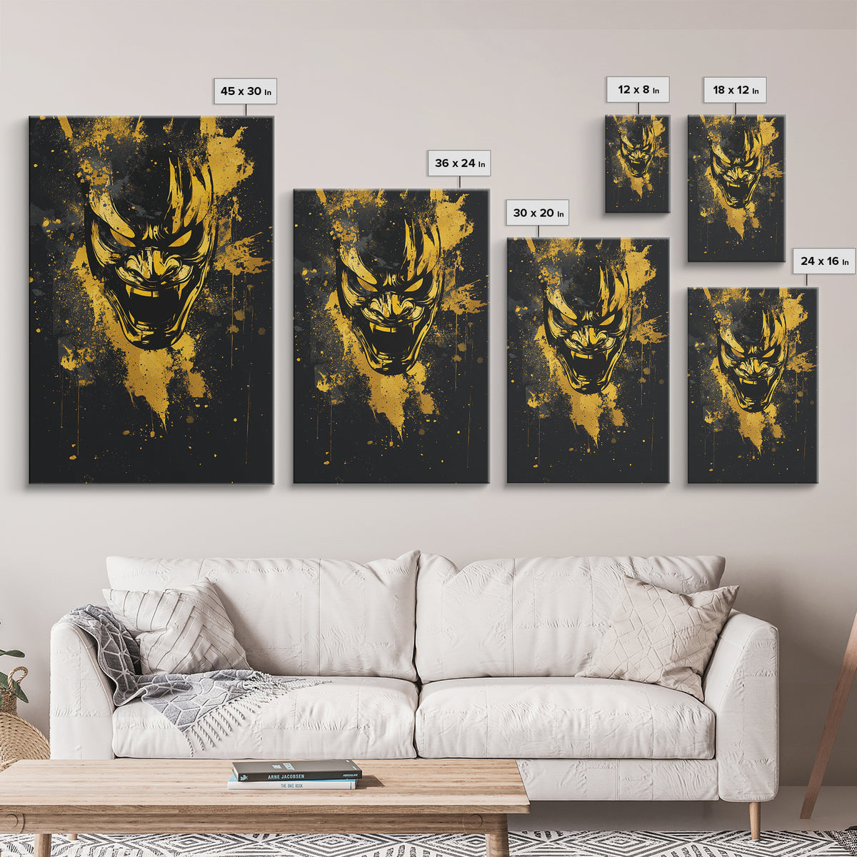Samurai Mask Gold Canvas Print, Japanese Warrior Wall Art, Real Wood Frame, Bold Splatter Mask Artwork For Home