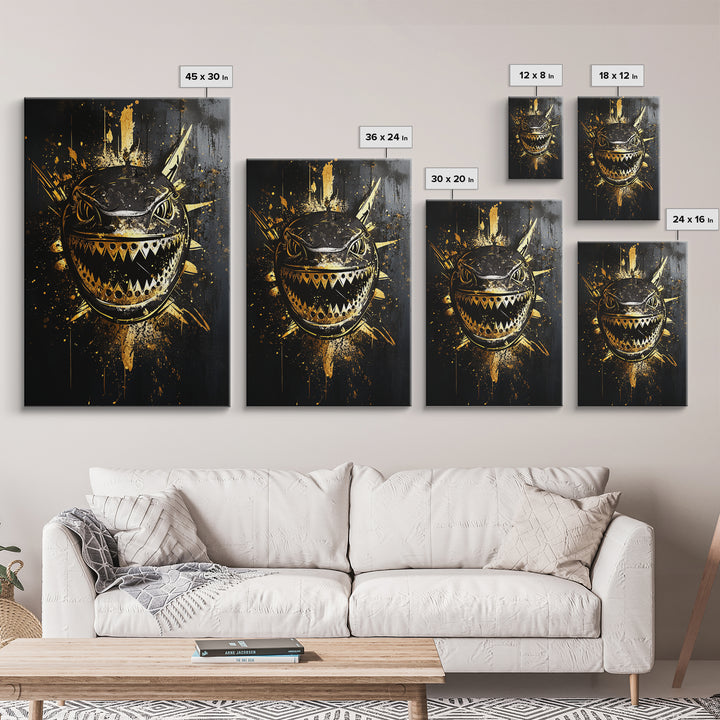 Shark Splatter Gold Canvas Print, Abstract Ocean Predator Wall Art, Real Wood Frame, Bold Modern Sea Life Artwork
