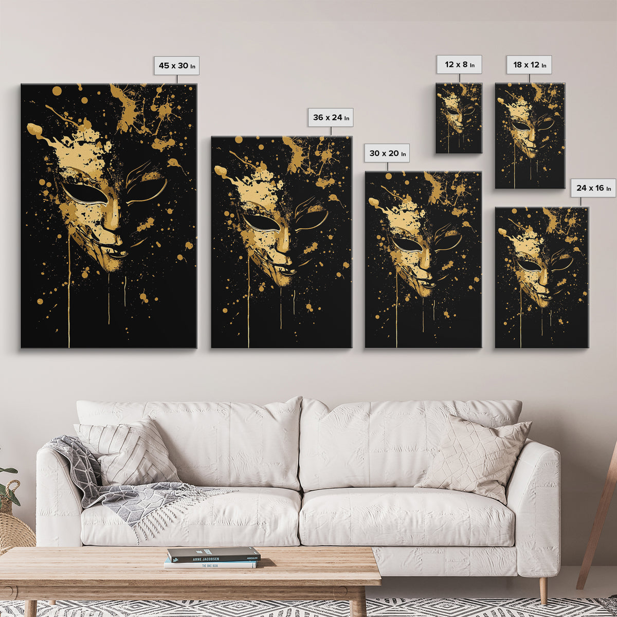 Mysterious Mask Gold Canvas Print, Abstract Splatter Face Wall Art, Real Wood Frame, Dark Modern Mask Artwork