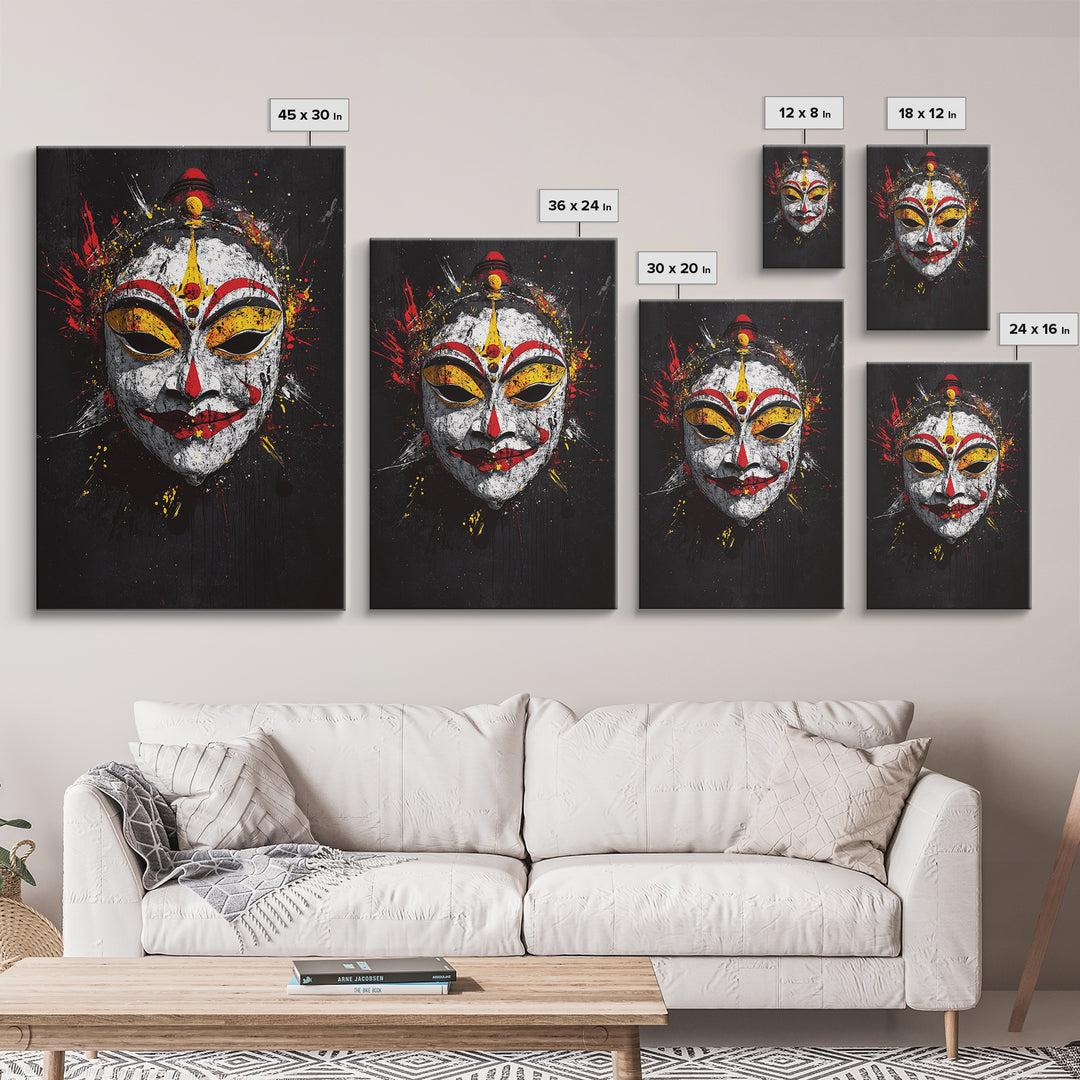 Tribal Feather Mask Gold Canvas Print, Splatter Art Decor, Ethnic Wall Art, Real Wood Frame, Cultural Modern Artwork