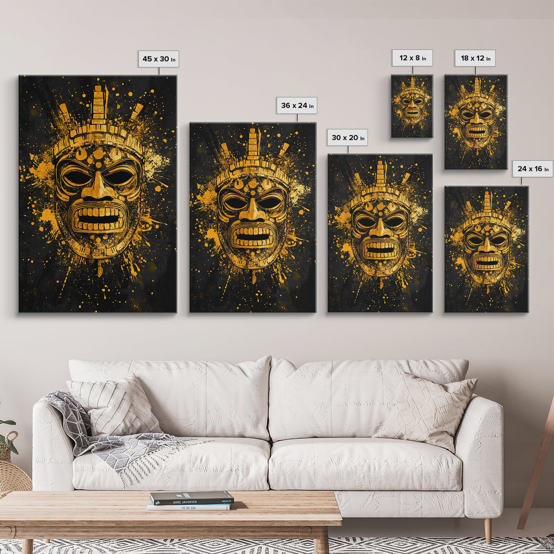 Abstract Alien Mask Gold Canvas Print, Futuristic Splatter Art, Minimalist Wall Art, Real Wood Frame, Modern Home Decor