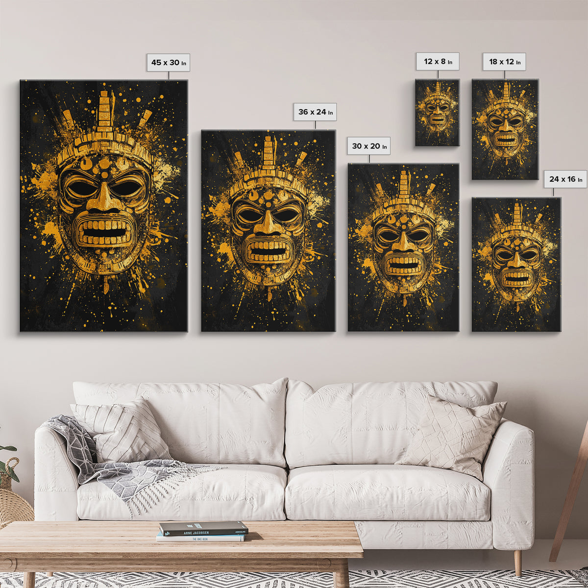 Abstract Alien Mask Gold Canvas Print, Futuristic Splatter Art, Minimalist Wall Art, Real Wood Frame, Modern Home Decor