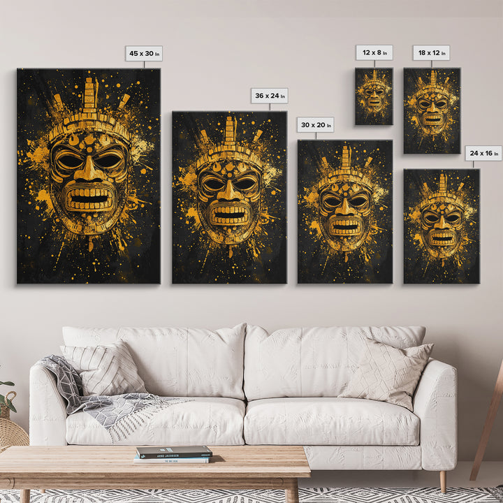 Abstract Alien Mask Gold Canvas Print, Futuristic Splatter Art, Minimalist Wall Art, Real Wood Frame, Modern Home Decor