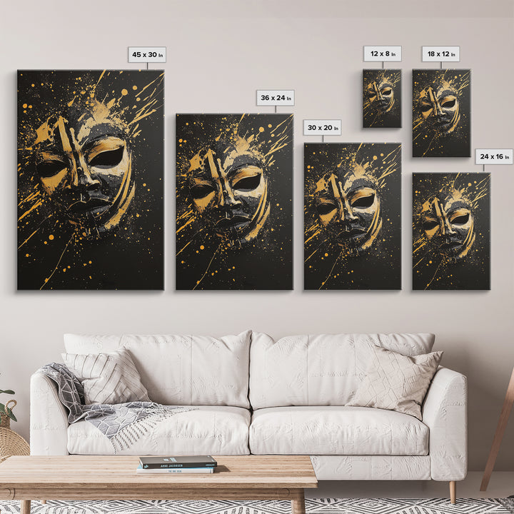 Samurai Oni Mask Gold Canvas Print, Japanese Splatter Artwork, Warrior Wall Art, Real Wood Frame, Bold Cultural Decor
