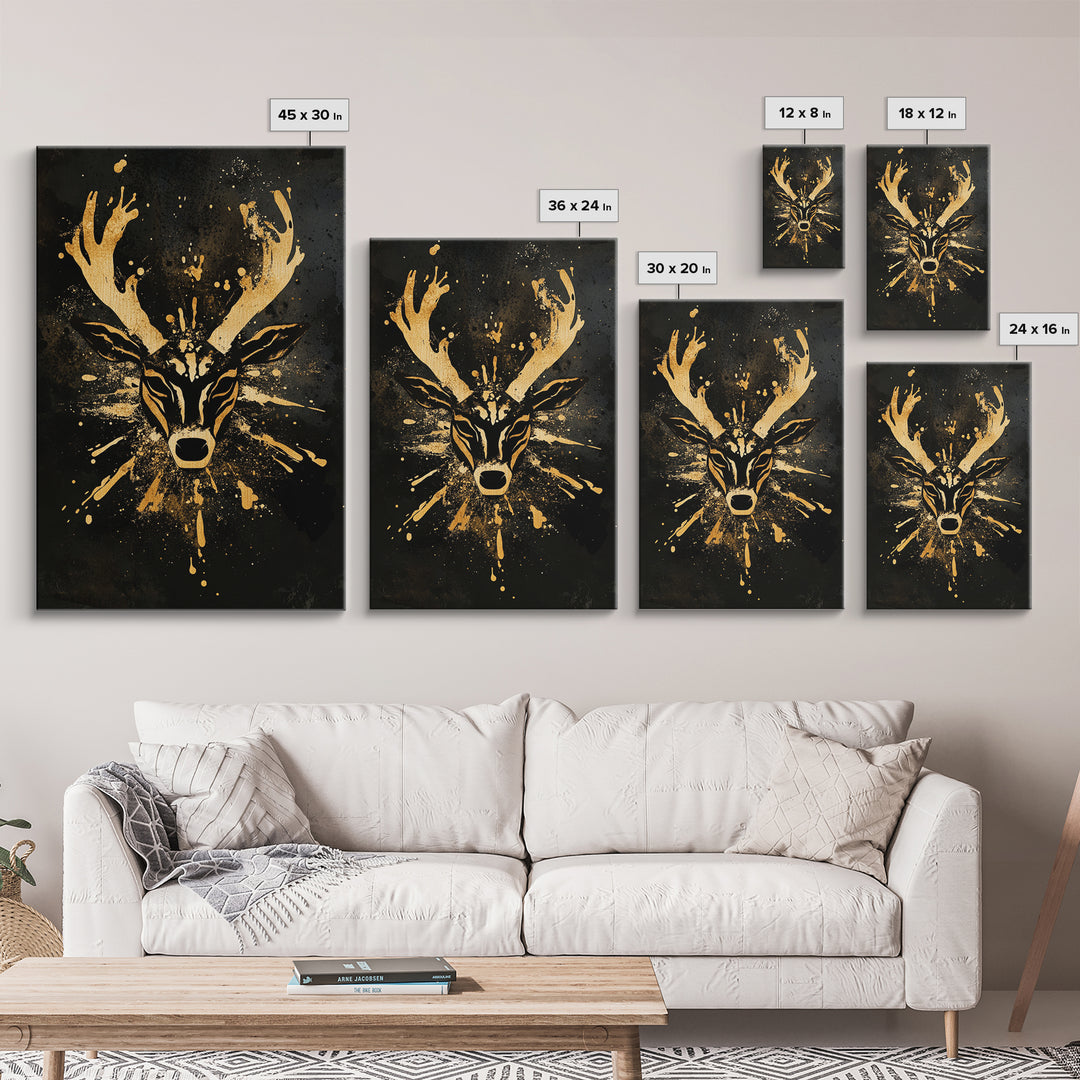 Textured Tribal Mask Gold Canvas Print, Splatter Art Design, Abstract Cultural Wall Art, Real Wood Frame, Bold Decor Piece