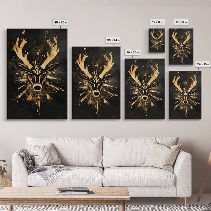 Textured Tribal Mask Gold Canvas Print, Splatter Art Design, Abstract Cultural Wall Art, Real Wood Frame, Bold Decor Piece