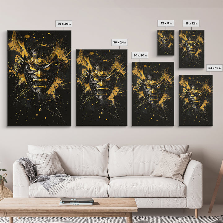Vampire Mask Gold Canvas Print, Gothic Splatter Wall Art, Horror Decor, Real Wood Frame, Dark Artistic Statement Artwork