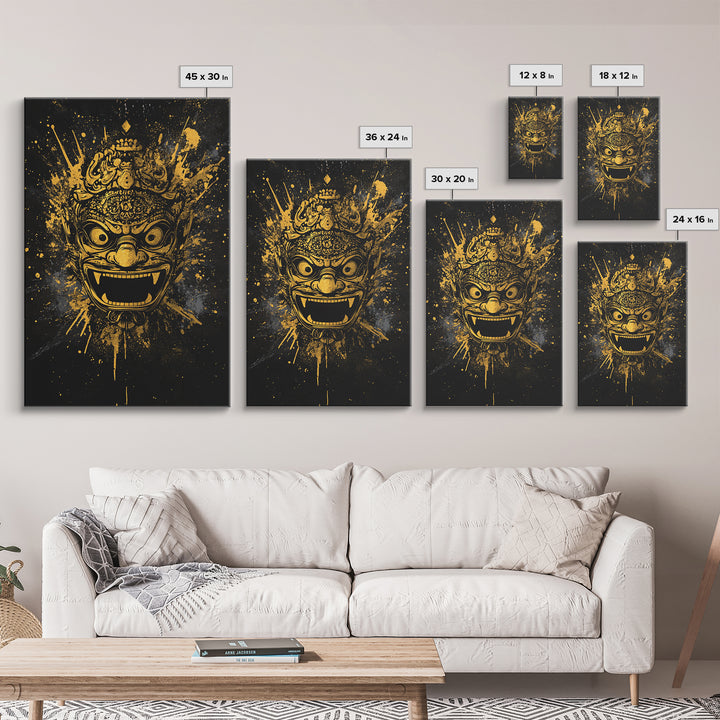 Balinese Barong Mask Gold Canvas Print, Tribal Wall Art, Mythical Creature Artwork, Real Wood Frame, Unique Home Decor