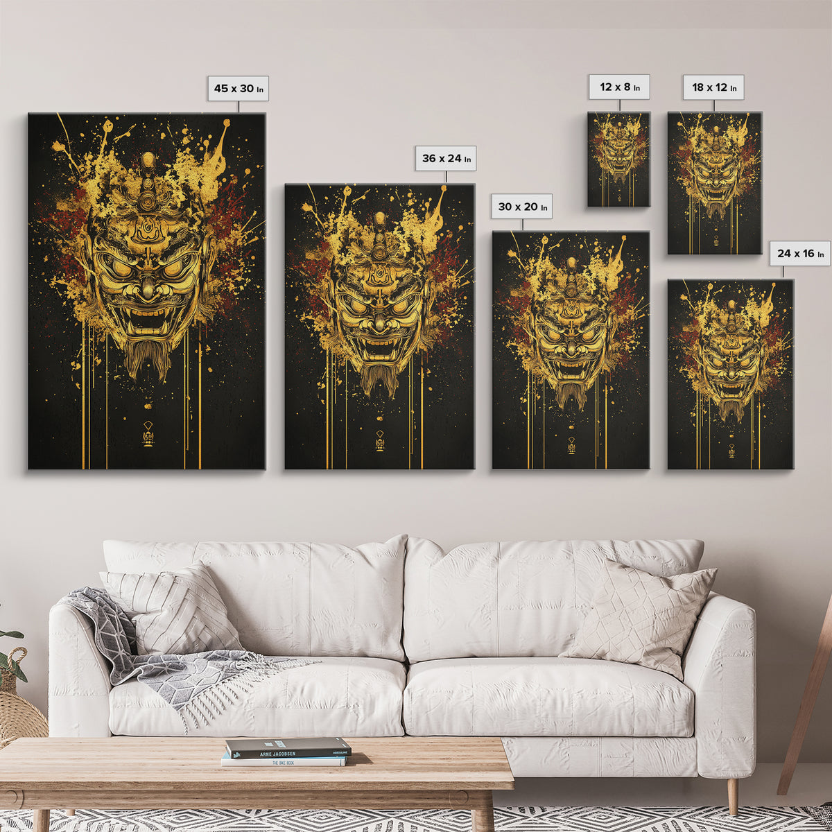 Tibetan Demon Mask Gold Canvas Print, Spiritual Wall Art, Fierce Mythical Face Art, Real Wood Frame, Bold Statement Decor