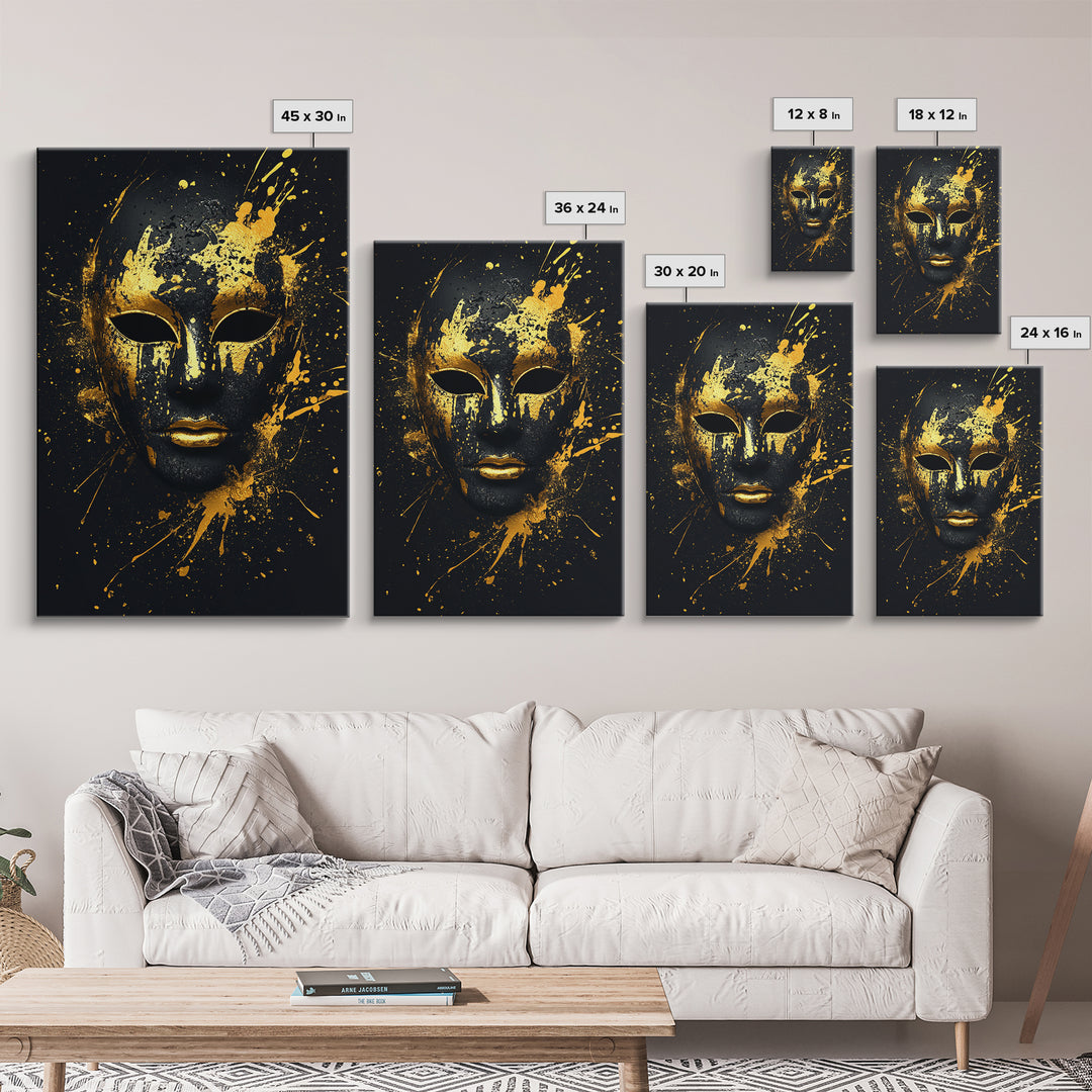 Venetian Mask Gold Canvas Print, Elegant Wall Art, Luxury Mask Artwork, Real Wood Frame, Dramatic Splatter Effect Home Decor
