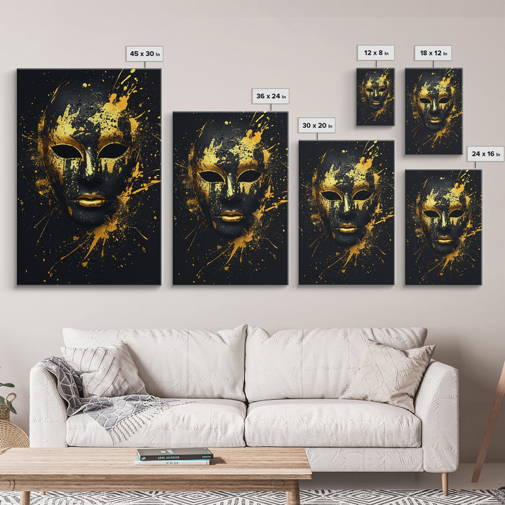 Venetian Mask Gold Canvas Print, Elegant Wall Art, Luxury Mask Artwork, Real Wood Frame, Dramatic Splatter Effect Home Decor