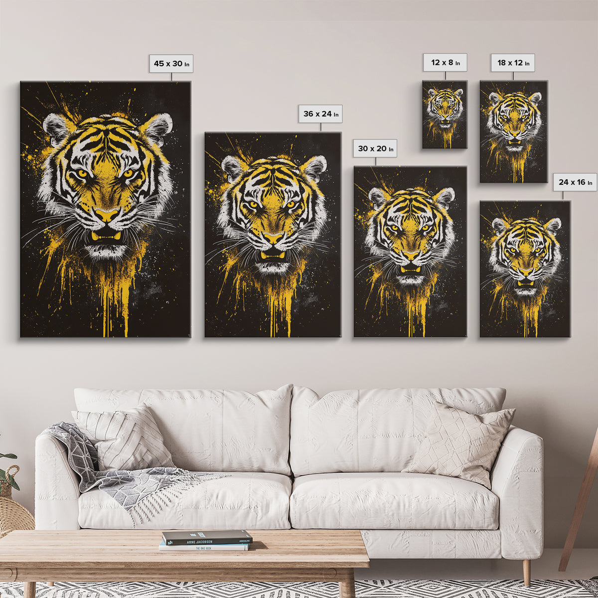 Tiger Face Gold Canvas Print, Wildlife Wall Art, Jungle Animal Artwork, Real Wood Frame, Fierce Predator Home Accent