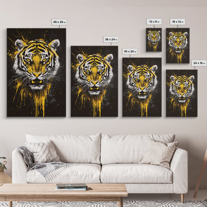 Tiger Face Gold Canvas Print, Wildlife Wall Art, Jungle Animal Artwork, Real Wood Frame, Fierce Predator Home Accent