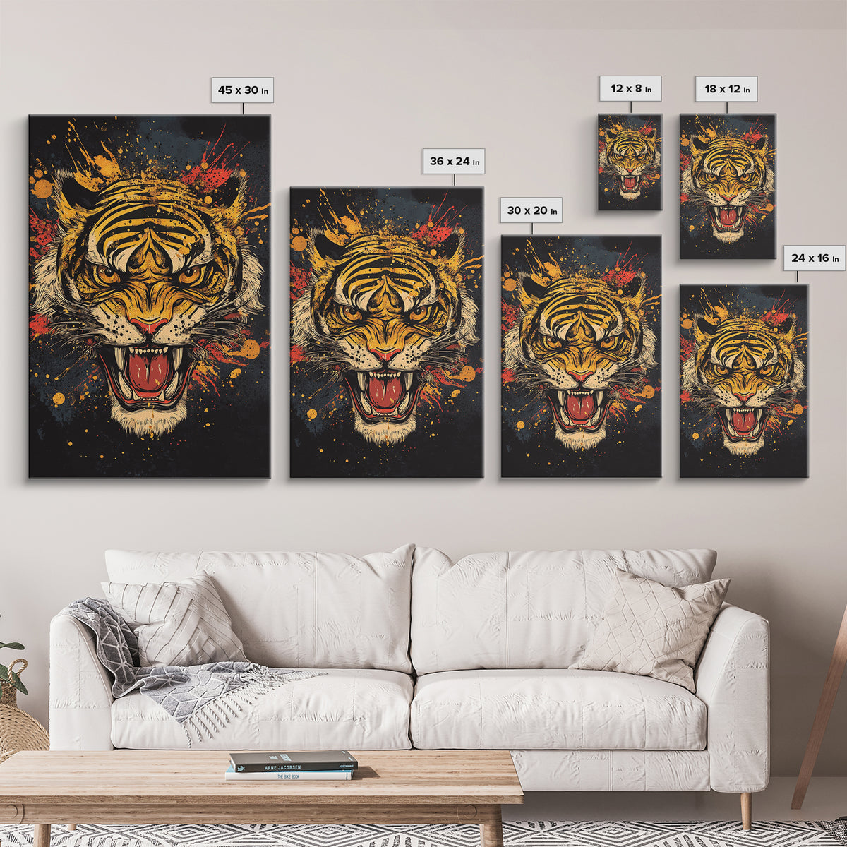 Roaring Tiger Gold Canvas Print, Wildlife Wall Art, Bold Jungle Cat Artwork, Real Wood Frame, Intense Animal Decor For Home