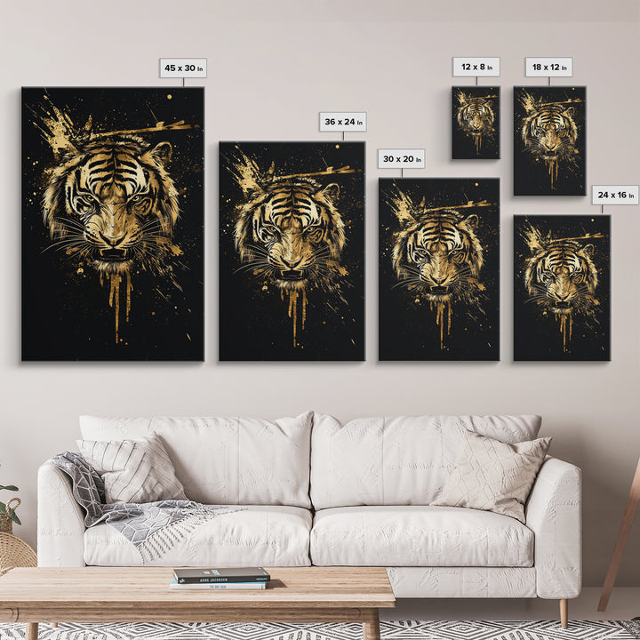 Tiger Head Gold Canvas Print, Fierce Jungle Cat Wall Art, Animal Spirit Artwork, Real Wood Frame, Powerful Wildlife Home Decor