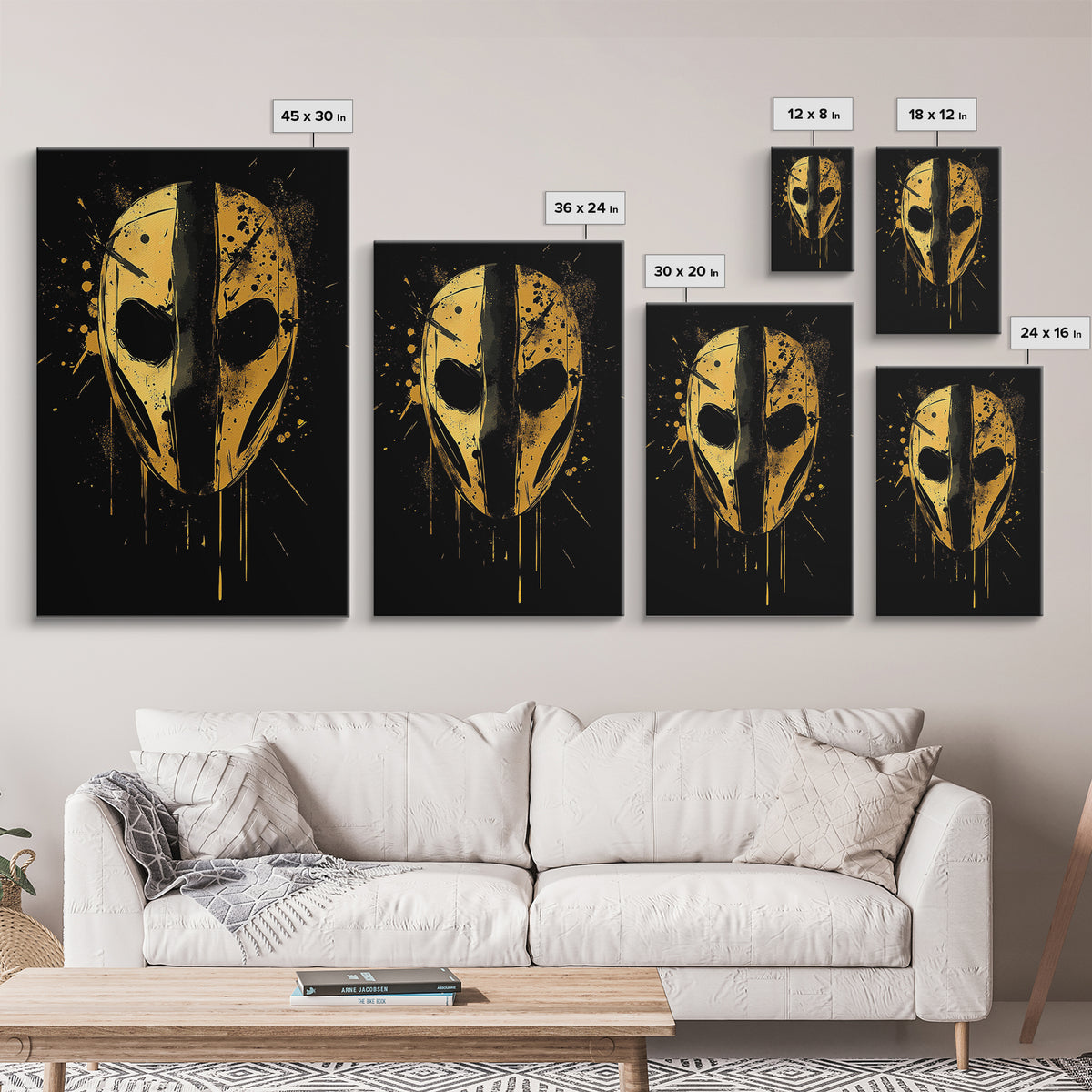 Abstract Mask Gold Canvas Print, Tribal Wall Art, Mysterious Face Artwork, Real Wood Frame, Bold Splatter Paint Effect Decor