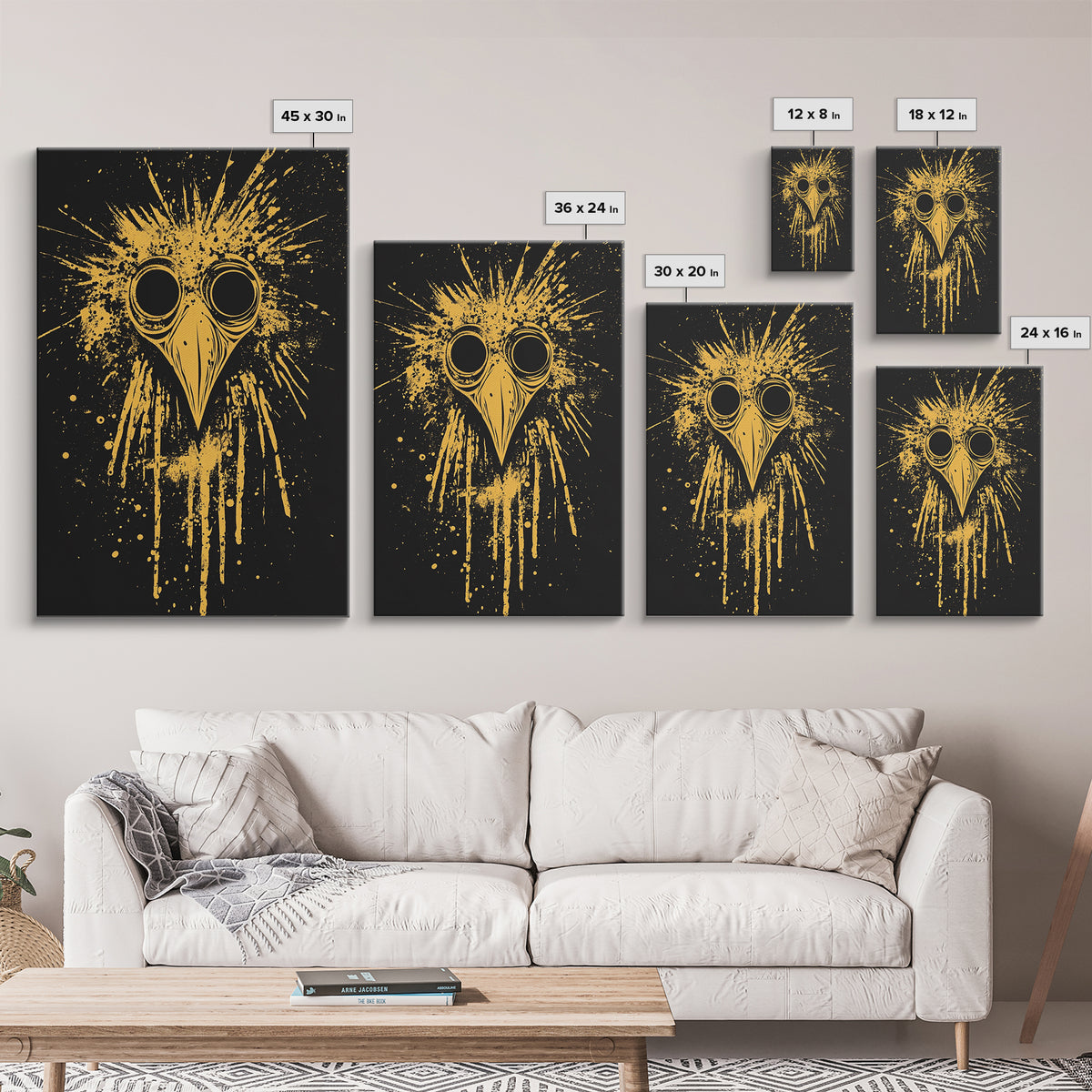 Plague Doctor Mask Gold Canvas Print, Gothic Splatter Art, Dark Fantasy Wall Decor, Unique Gothic Artwork, Real Wood Framed
