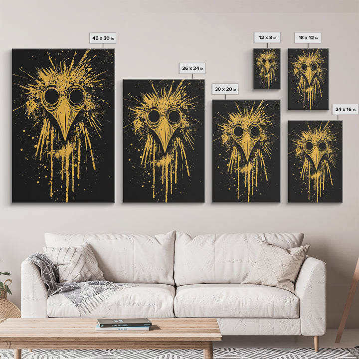 Plague Doctor Mask Gold Canvas Print, Gothic Splatter Art, Dark Fantasy Wall Decor, Unique Gothic Artwork, Real Wood Framed
