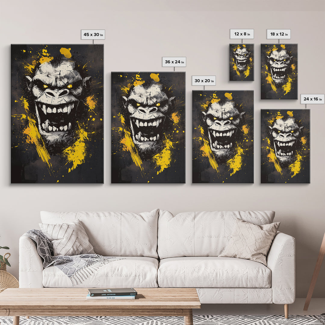 Gorilla Face Gold Canvas Print, Wild Splatter Art, Bold Jungle Wall Decor, Fierce Animal Artwork, Real Wood Framed