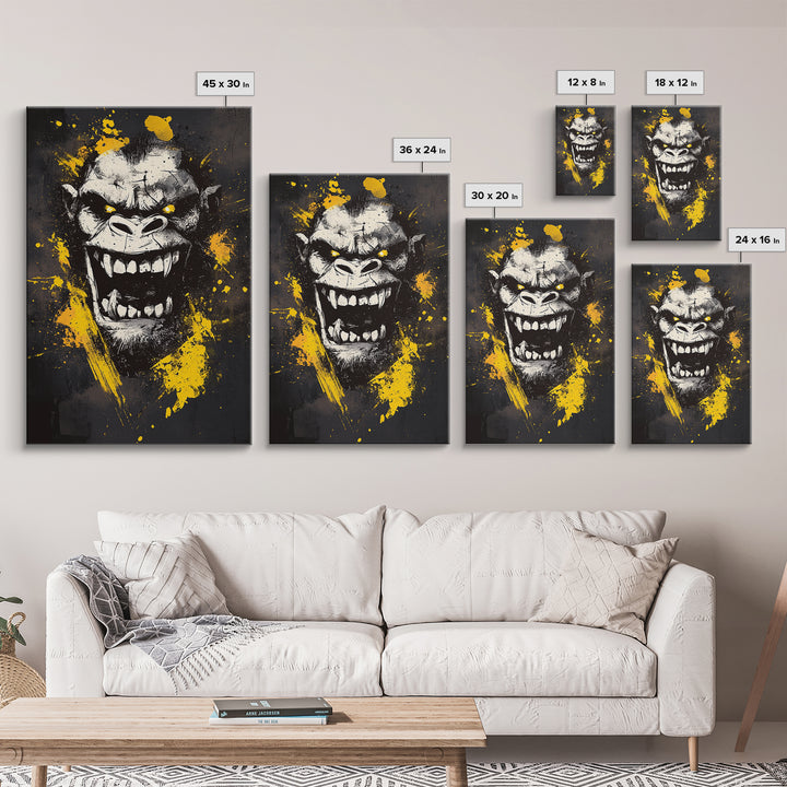 Gorilla Face Gold Canvas Print, Wild Splatter Art, Bold Jungle Wall Decor, Fierce Animal Artwork, Real Wood Framed