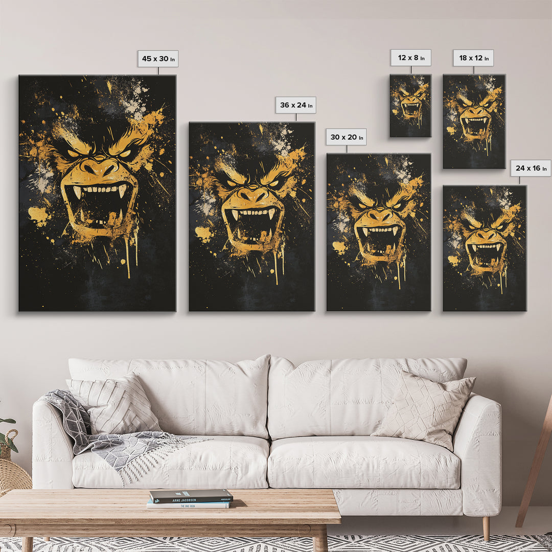 Angry Gorilla Gold Canvas Print, Tribal Splatter Art, Primal Jungle Wall Decor, Bold Animal Artwork, Real Wood Framed