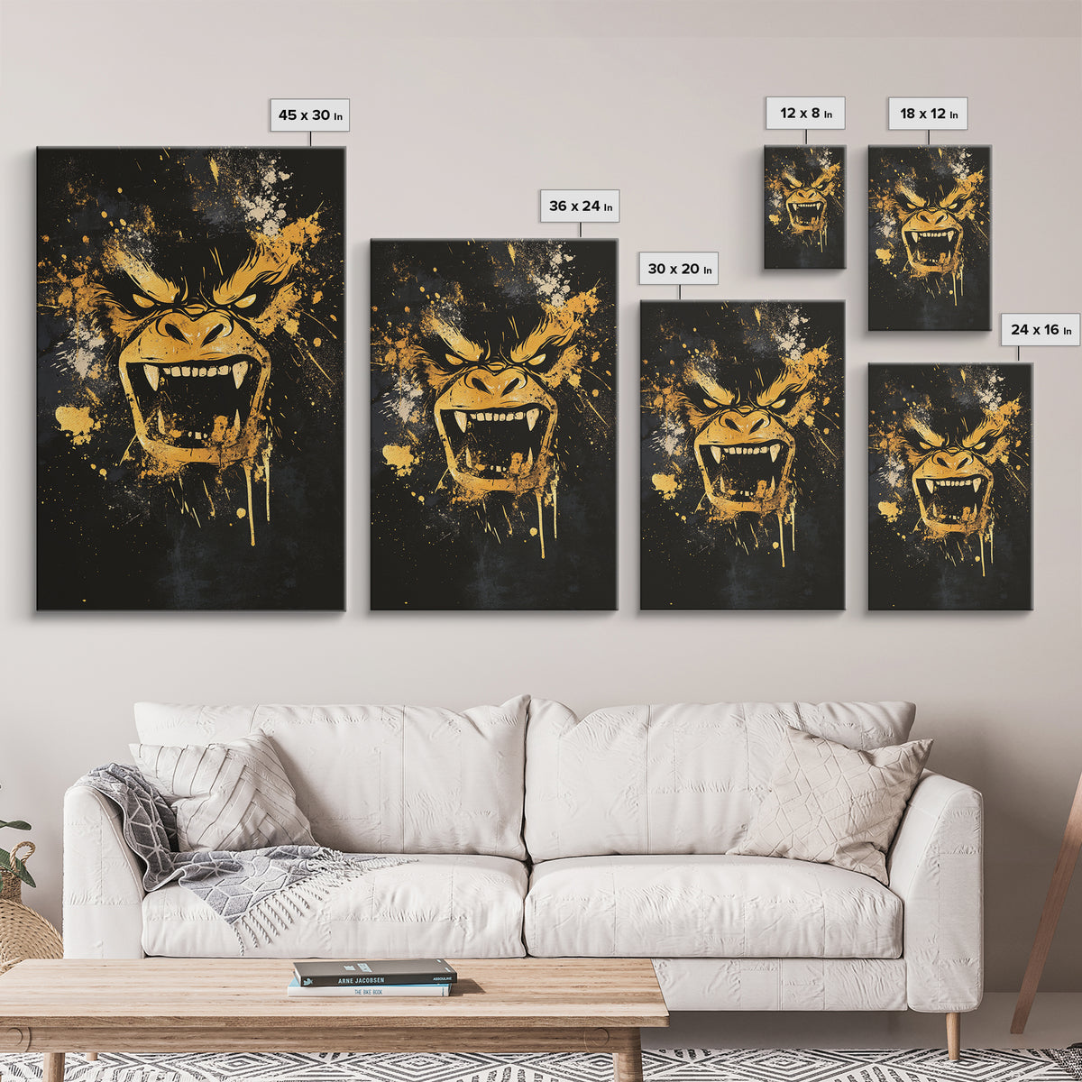 Angry Gorilla Gold Canvas Print, Tribal Splatter Art, Primal Jungle Wall Decor, Bold Animal Artwork, Real Wood Framed
