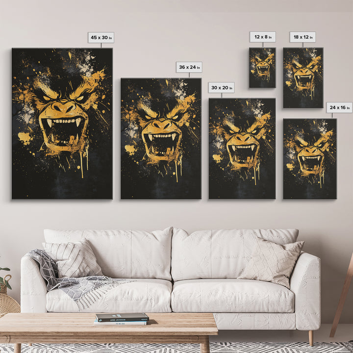 Angry Gorilla Gold Canvas Print, Tribal Splatter Art, Primal Jungle Wall Decor, Bold Animal Artwork, Real Wood Framed