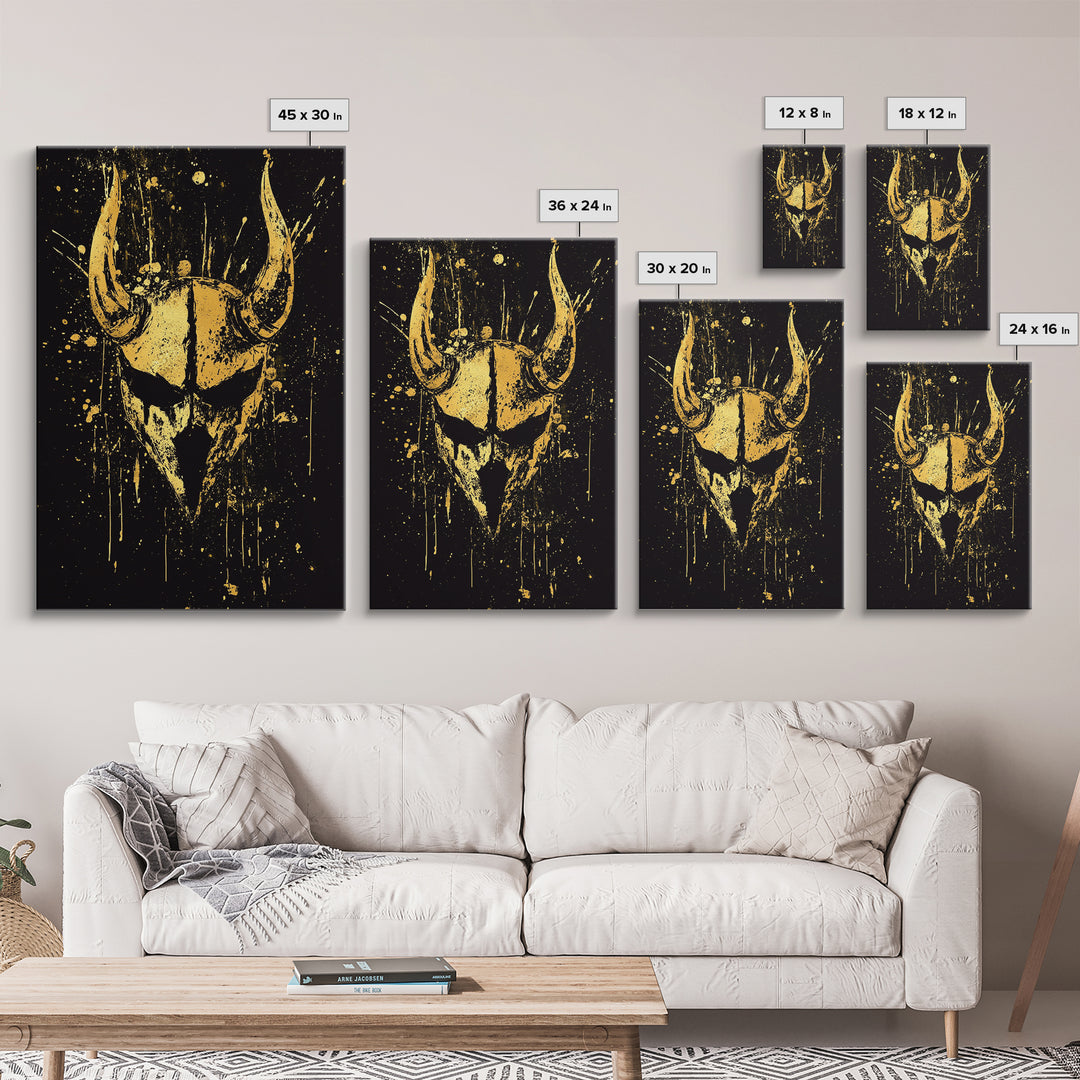 Viking Horned Helmet Gold Canvas Print, Bold Warrior Decor, Mythology Wall Art, Real Wood Framed Canvas Artwork