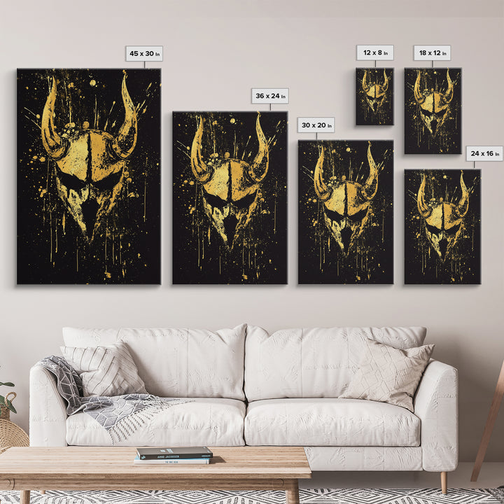 Viking Horned Helmet Gold Canvas Print, Bold Warrior Decor, Mythology Wall Art, Real Wood Framed Canvas Artwork