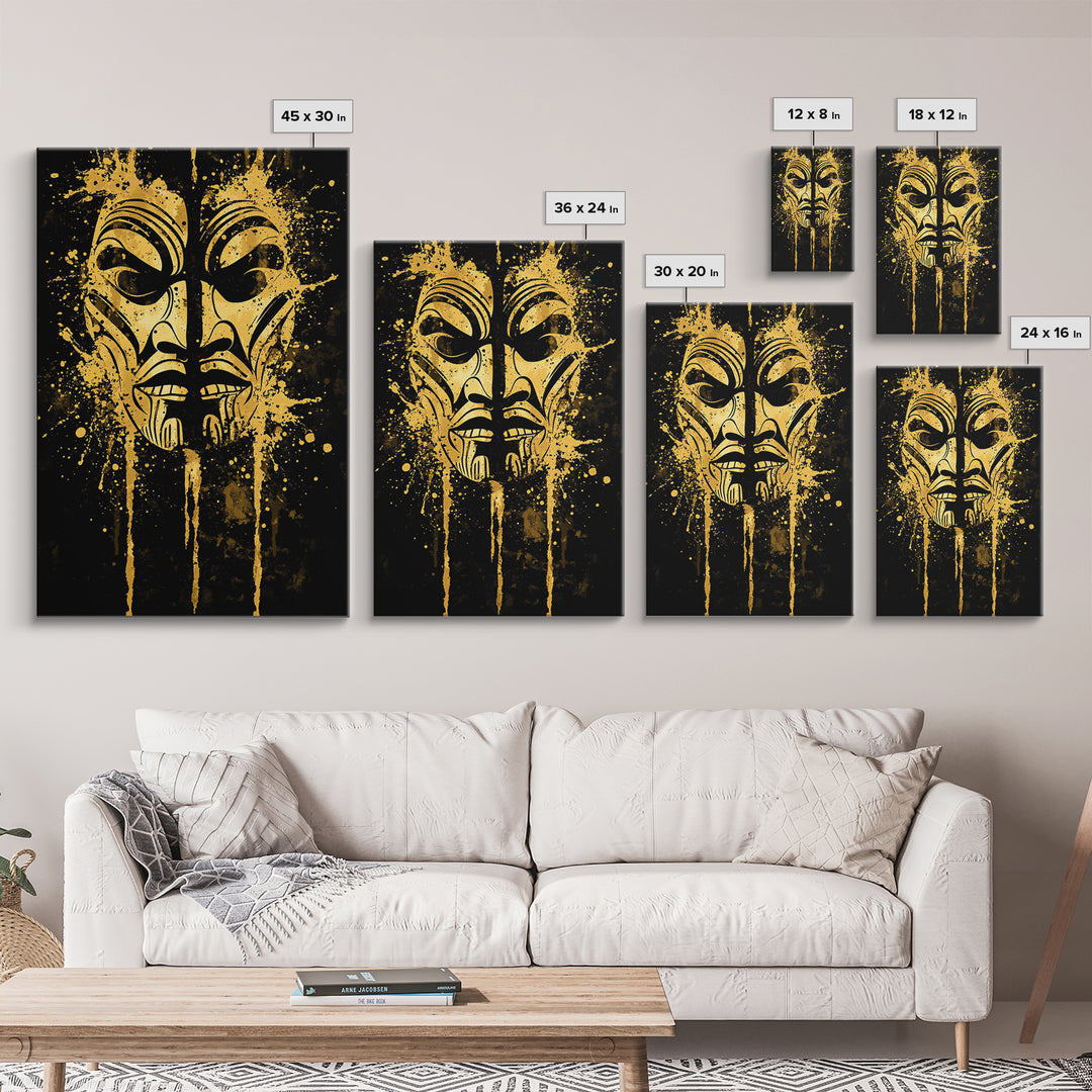 Tribal Warrior Mask Gold Canvas Print, Maori Inspired Art, Ethnic Wall Decor, Real Wood Framed Gold Canvas Artwork