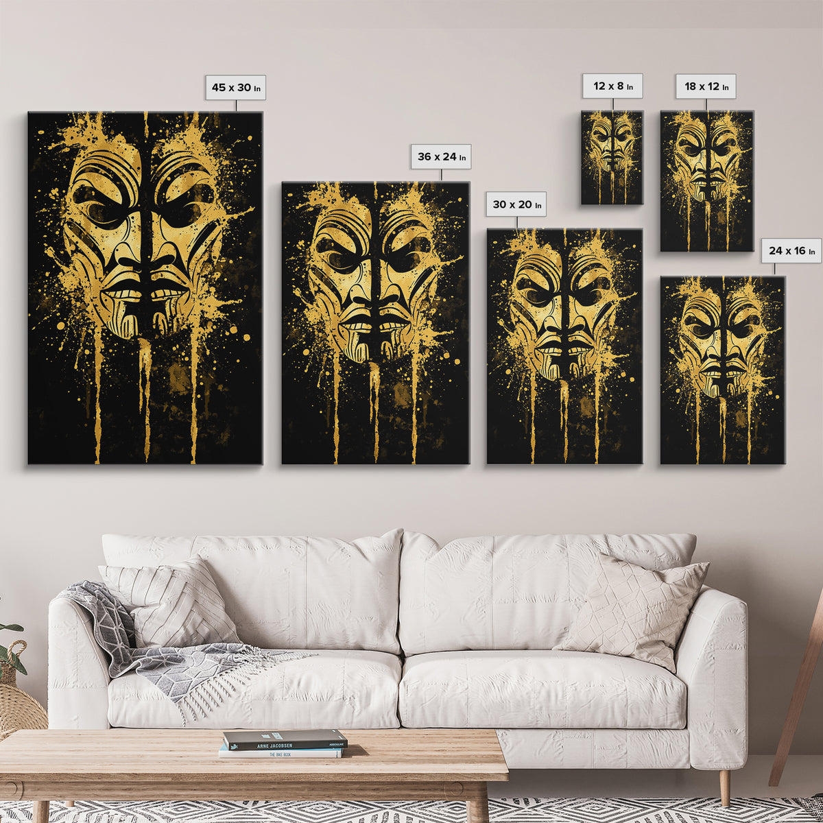 Tribal Warrior Mask Gold Canvas Print, Maori Inspired Art, Ethnic Wall Decor, Real Wood Framed Gold Canvas Artwork