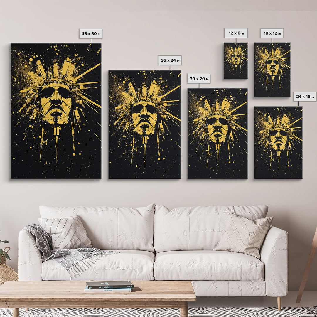 Ancient Sun God Gold Canvas Print, Tribal Deity Wall Decor, Mystical Home Art, Real Wood Framed Statement Artwork