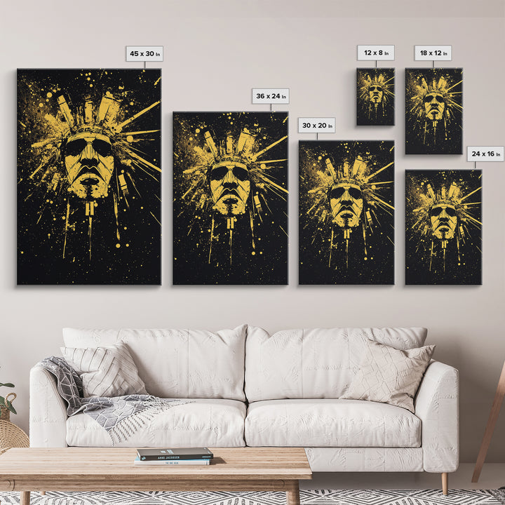Ancient Sun God Gold Canvas Print, Tribal Deity Wall Decor, Mystical Home Art, Real Wood Framed Statement Artwork