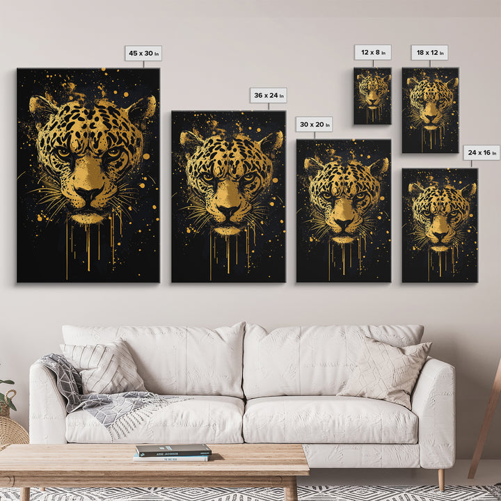 Leopard Head Gold Canvas Print, Jungle Cat Wall Art, Animal Spirit Decor, Real Wood Framed Fierce Modern Artwork