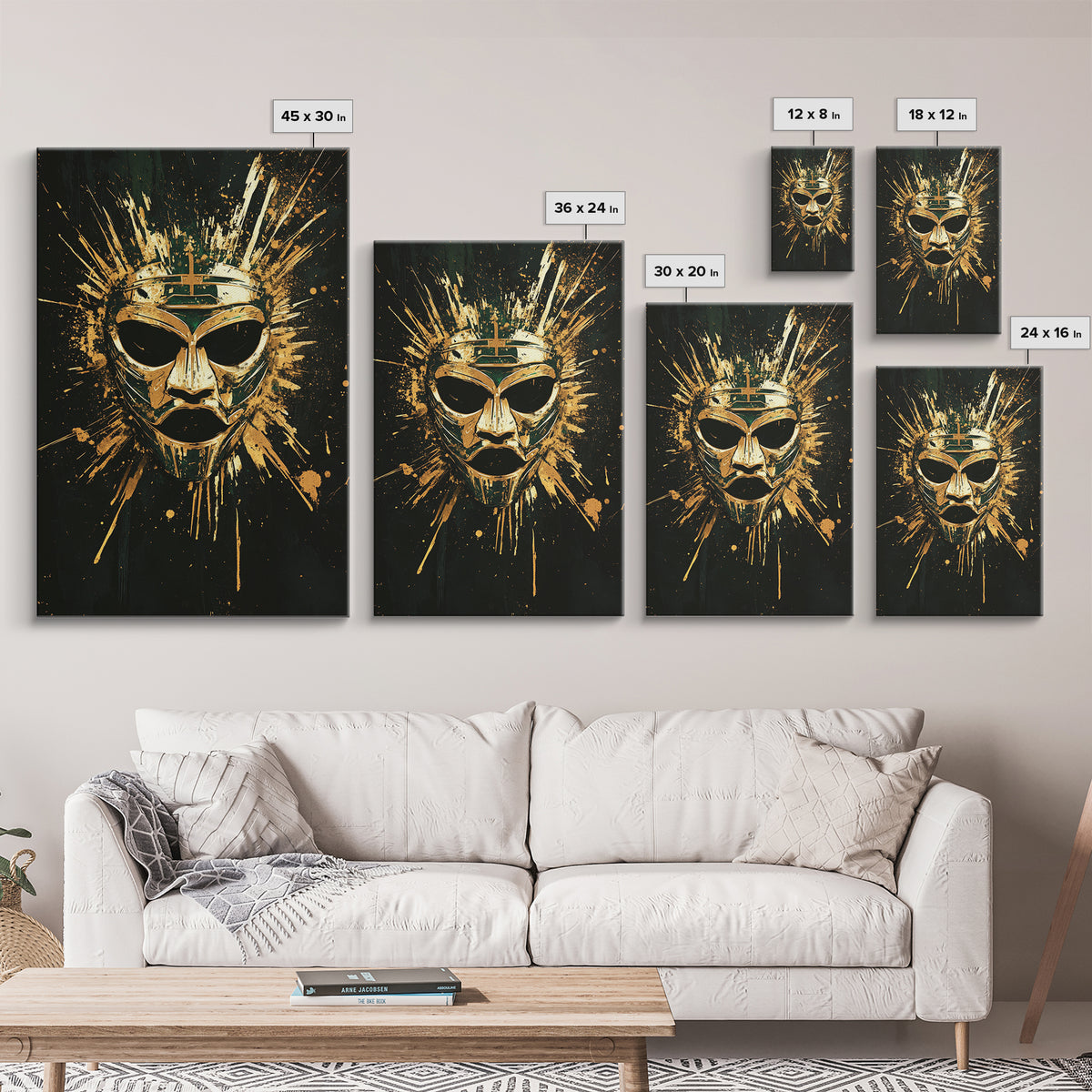Ancient Warrior Mask Gold Canvas Print, Mythology Wall Decor, Spiritual Protection Art, Real Wood Framed Artwork