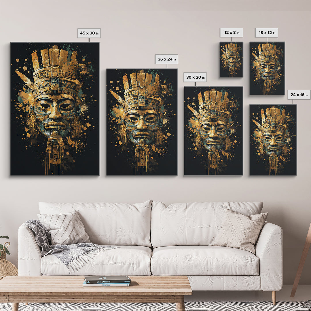 Mayan Inspired Mask Gold Canvas Print, Ancient Civilization Art, Tribal Wall Decor, Real Wood Framed Gold Artwork