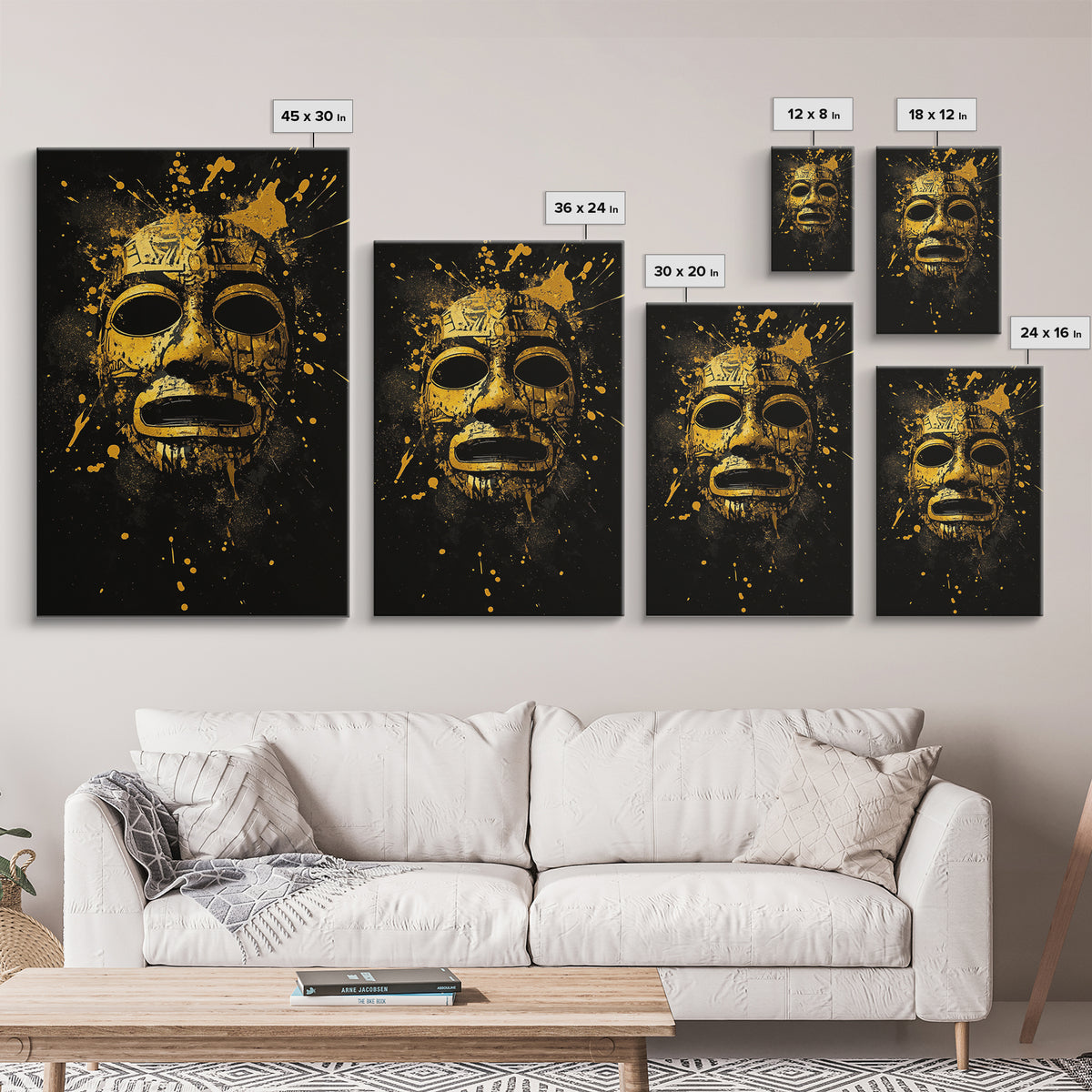 Aztec Mask Gold Canvas Print, Ancient Mythology Art, Tribal Wall Decor, Real Wood Framed Cultural Gold Artwork