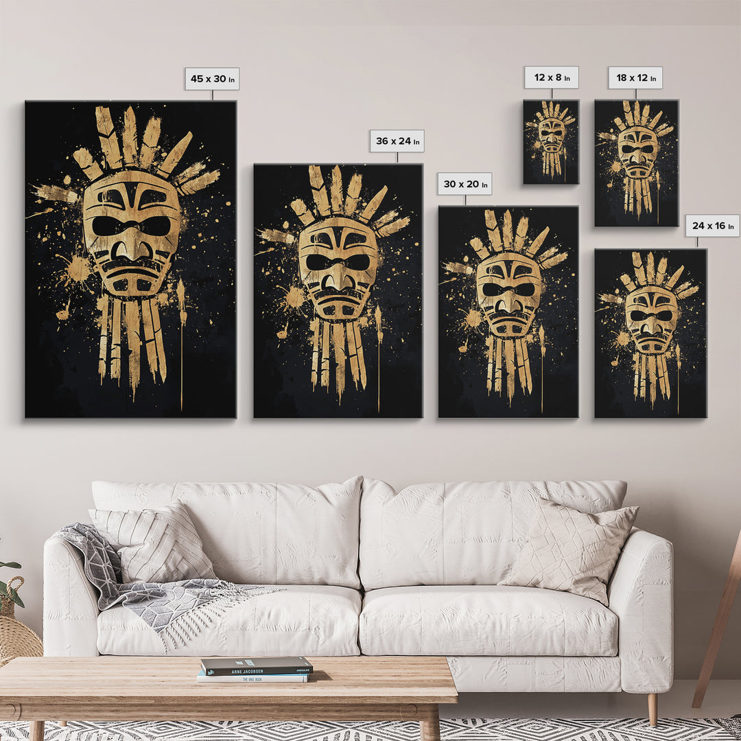 Tribal Sun Mask Gold Canvas Print, Ancestral Wall Art, Sacred Symbol Decor, Real Wood Framed Mystical Gold Artwork