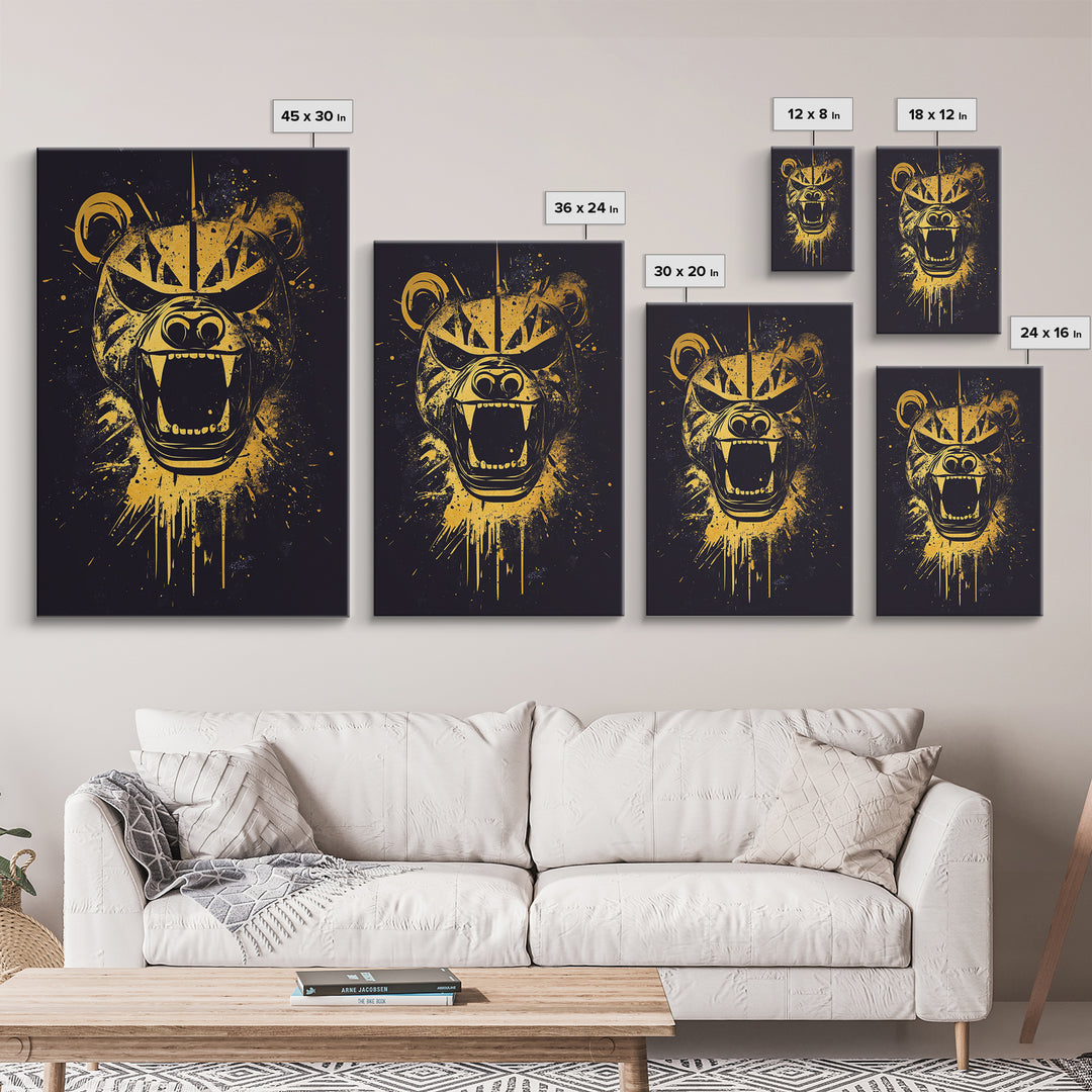Fierce Bear Gold Canvas Print, Tribal Bear Art, Modern Canvas Wall Decor, Real Wood Frame, Bold Animal Artwork
