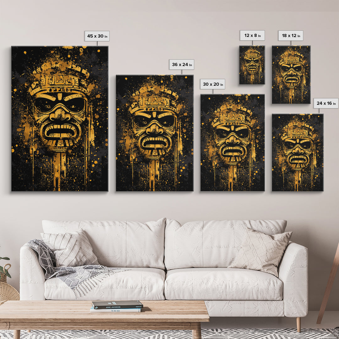 Ancient Tribal Mask Gold Canvas Print, Cultural Art, Bold Splatter Wall Decor, Real Wood Frame, Dramatic Mask Artwork