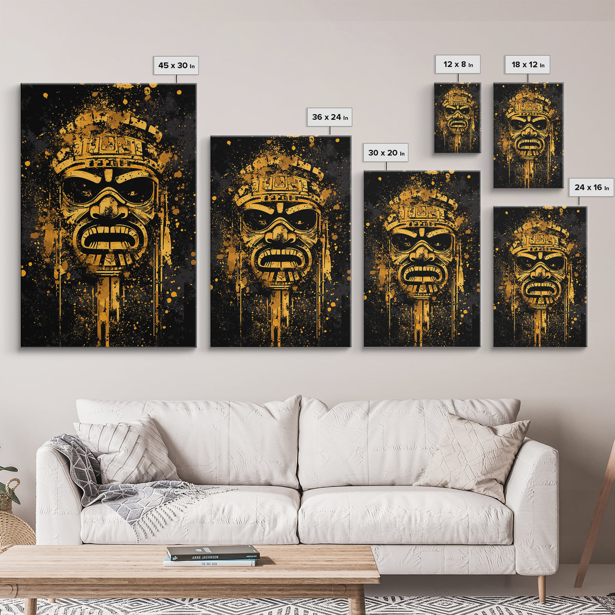 Ancient Tribal Mask Gold Canvas Print, Cultural Art, Bold Splatter Wall Decor, Real Wood Frame, Dramatic Mask Artwork